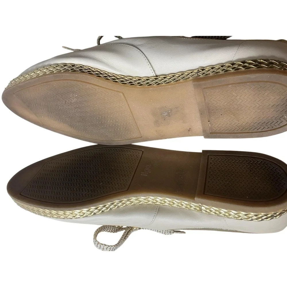 Vtg 1980s‎ Bally Jallut Ivory Leather Gold Floral Rivet Oxfords Flats Shoes 10